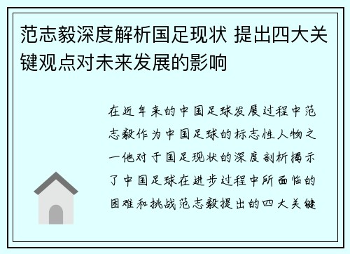 范志毅深度解析国足现状 提出四大关键观点对未来发展的影响